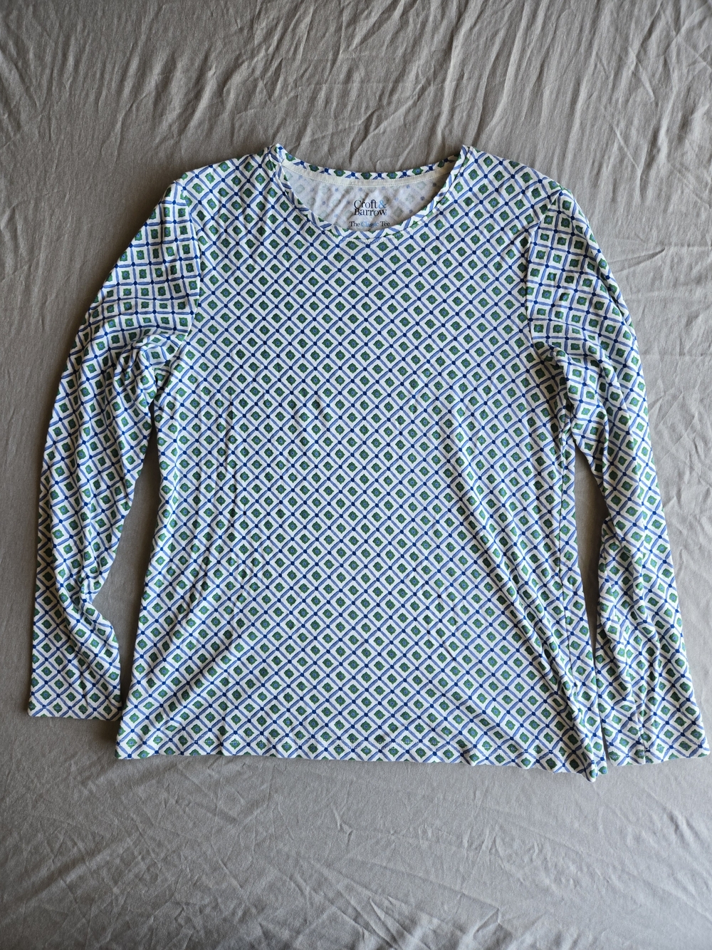 Croft & Barrow Blue & Green Diamond Print Long Sleeve Classic Tee Size S